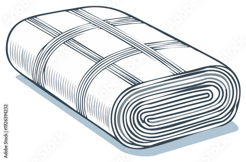Roll of fabric bound with straps, tightly rolled material in textile industry and haberdashery