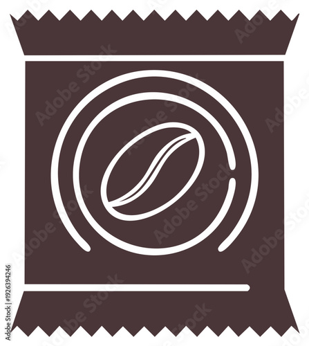 Single serving coffee packet with bean logo flat vector icon illustration