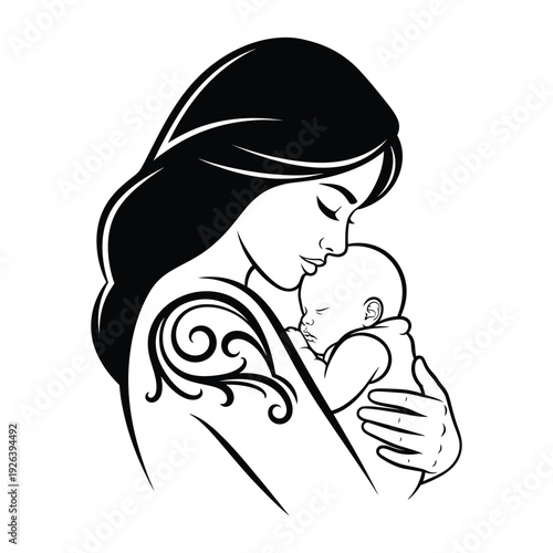 A mother gently cradling her newborn baby in her arms, a tender moment captured in a simple black and white illustration.