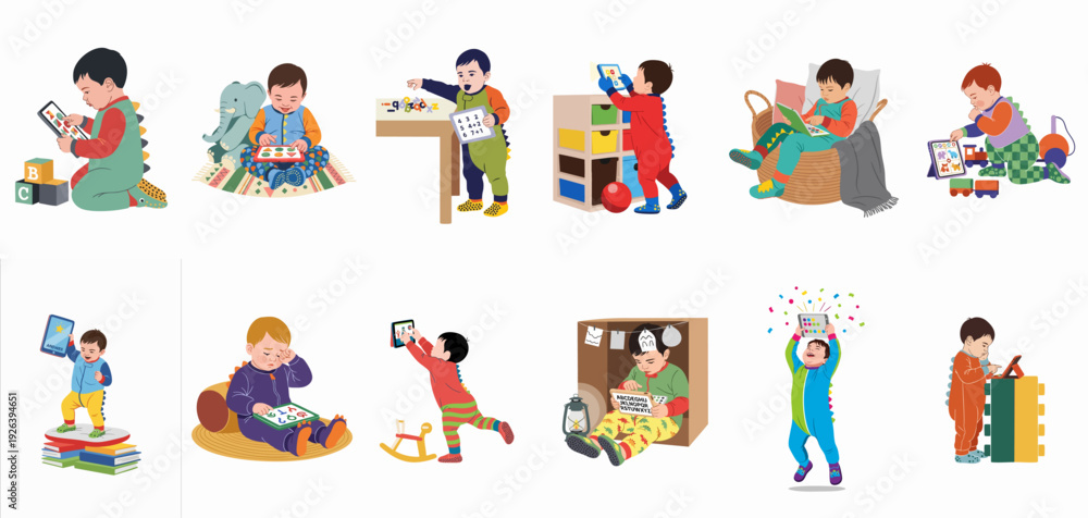 Fototapeta premium Children's Early Learning Adventures: Toddlers in Pajamas Engaging with Educational Tablets and Playful Activities for Development.