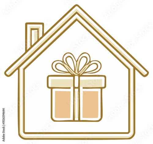 Home Gift Delivery Illustration, House with Gift Box, Real Estate or Mortgage Holiday Present