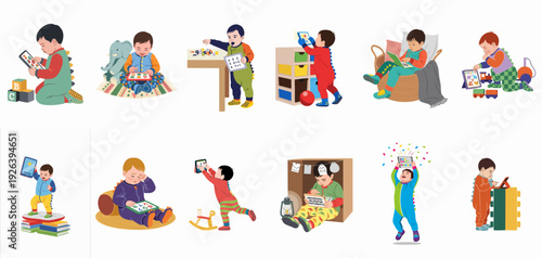 Children's Early Learning Adventures: Toddlers in Pajamas Engaging with Educational Tablets and Playful Activities for Development.