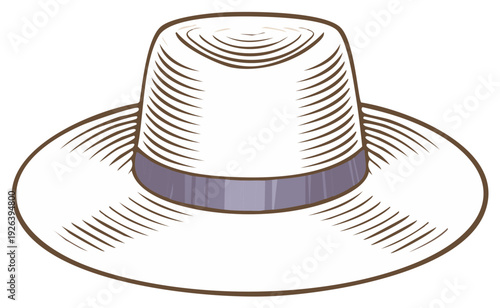 Summer Straw Hat Engraving Illustration, Vintage Style Striped Brim and Crown with Hatband