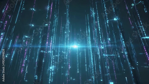 Abstract Matrix of Vertical Digital Code and Data Streams in Blue and Purple, 4K video