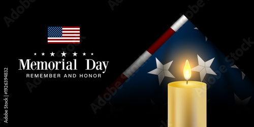 May 25, 2026 is Memorial Day. Candle and american flag. Great for posters, banners, social media and more. Black background.