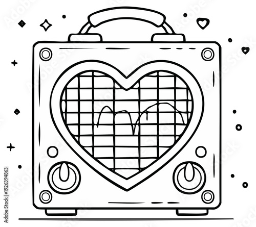 Retro heart-shaped oscilloscope display showing a sound wave on a vintage electronic device