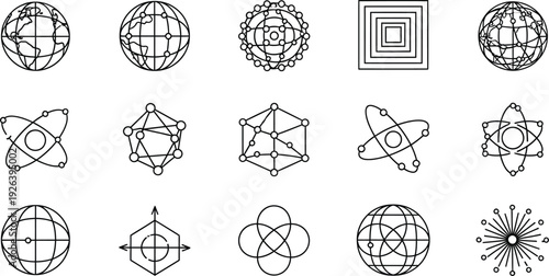 A collection of abstract geometric shapes and scientific icons arranged in a grid.