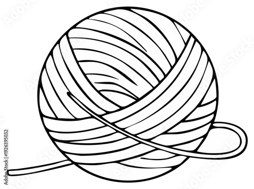 A round ball of yarn with a loose strand protruding, depicted in a black and white vector illustration for knitting and craft projects.