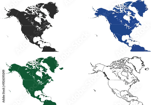 Four stylized maps of North America in different solid colors and an outline.