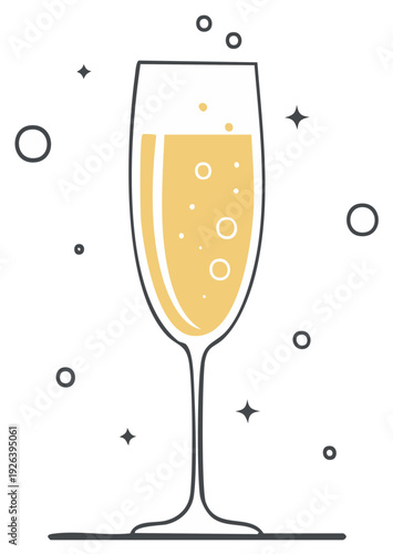 Champagne flute with golden liquid and bubbles sparkling with celebratory stars