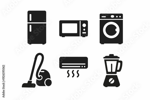 Black and white icons of home appliances: refrigerator, microwave, washing machine, vacuum, air conditioner, blender