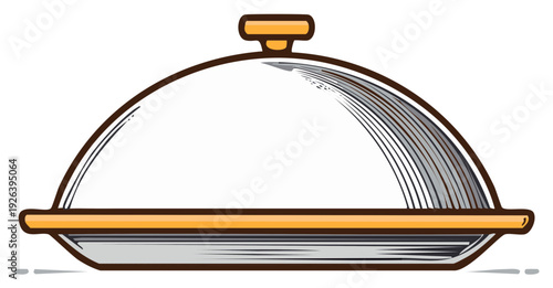 Illustrated silver food tray with gold trim and domed lid for elegant serving