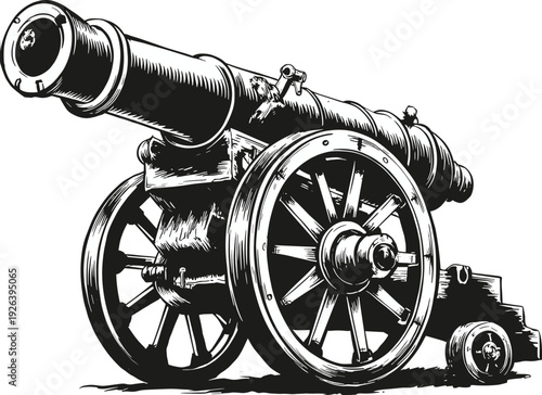 Cannon silhouette vector illustration, historical artillery artwork with spoked wheels, decorative graphics, military 