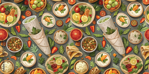 A vibrant assortment of diverse and appetizing food items spread across a table setting Vector