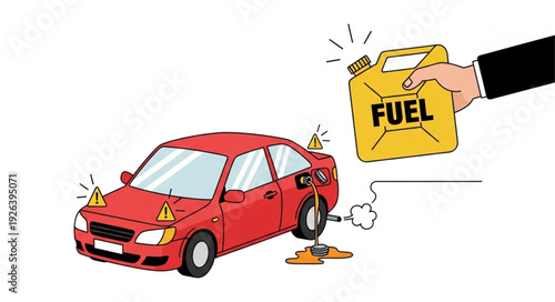 Red Car Refueling with Gas Can.