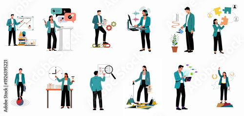 Diverse Business Strategy and Professional Development Concepts: Communication, Growth, Problem-Solving, and Achievement Illustrations.