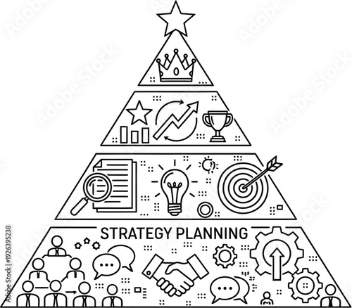 A pyramid diagram visually represents strategy planning with icons for teamwork, ideas, and success.