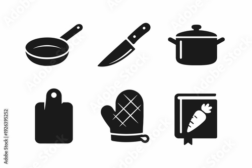 Set of kitchen utensil icons including pan, knife, and cookbook