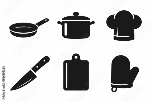 Set of black silhouette kitchen utensils including pan, pot, chef hat, knife, cutting board, and oven mitt