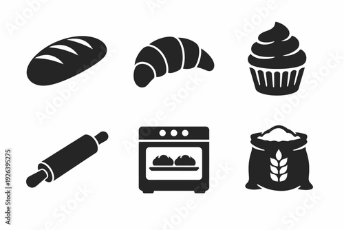Bakery icons: bread, croissant, cupcake, rolling pin, oven, flour sack