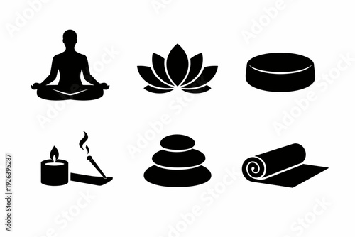 Meditation and yoga icons: silhouette symbols of serenity and balance