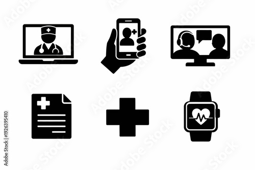 Medical icons set: telemedicine, online consultation, and health monitoring