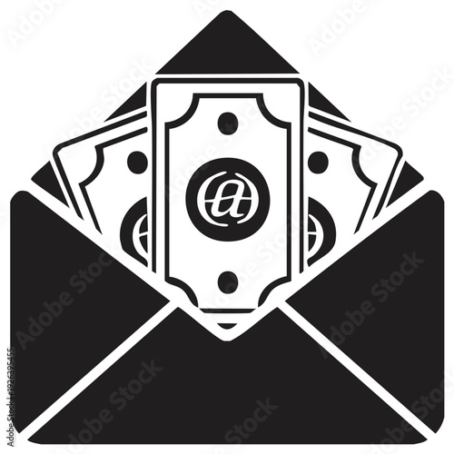 Money in envelope delivery showing finance and wealth for savings, salary, investment, payments, icon