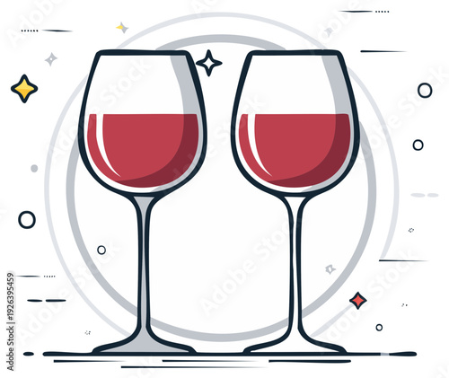 Two elegant wine glasses filled with red wine, vector illustration, flat design concept.