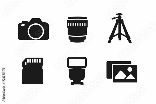 Photography equipment icons: camera, lens, tripod, memory card, flash, photo