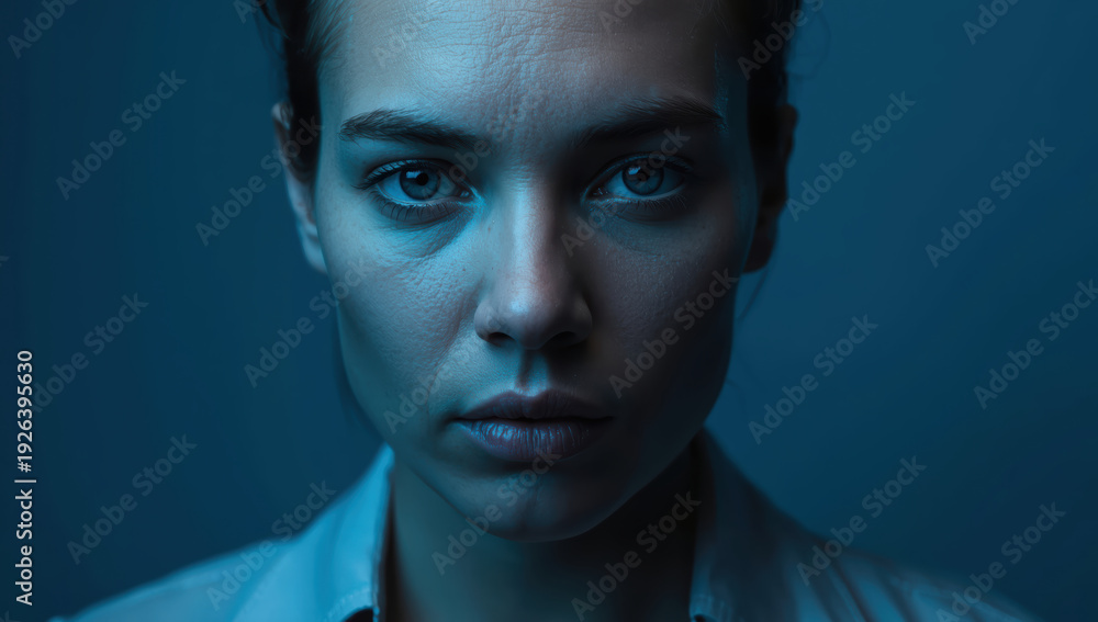 Obraz premium Young woman portrait with soft blue lighting and neutral expression