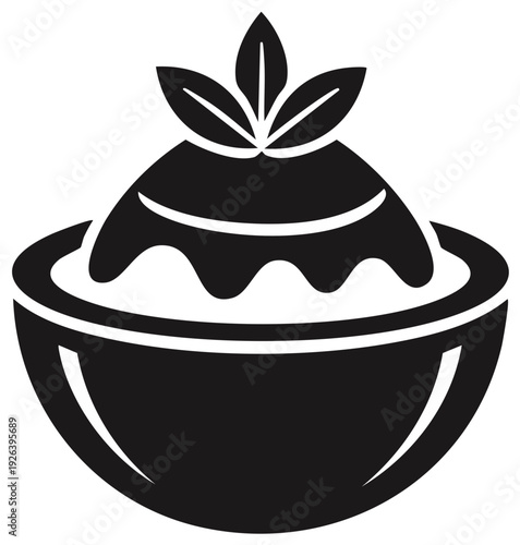 Black silhouette of a delicious ice cream sundae in a bowl topped with fresh mint leaves
