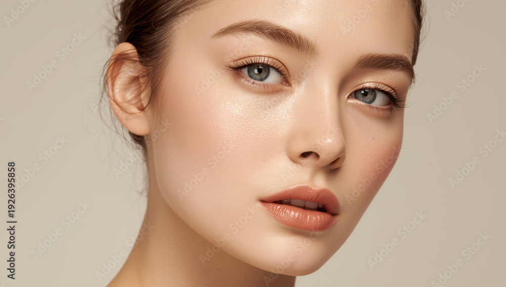 Fototapeta premium Radiant young woman portrait with dewy skin and neutral makeup, soft pastel tones