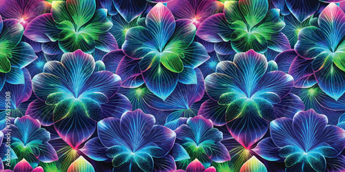 A vibrant digital art composition of interconnected geometric leaf patterns radiating with neon colors Vector