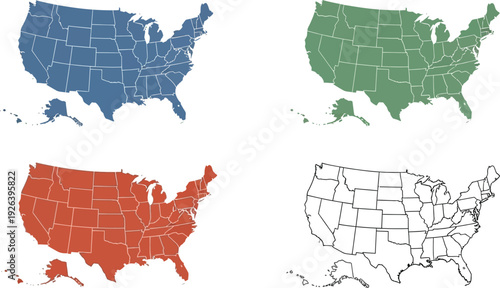 Four colored maps of the United States show state outlines and borders.