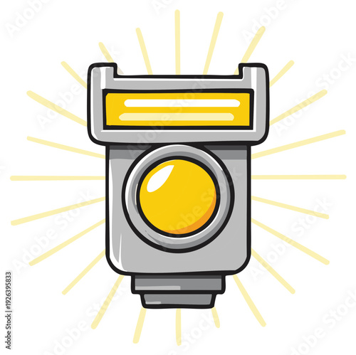 Stylized cartoon illustration of a camera flash unit with radiating light beams emanating from it.