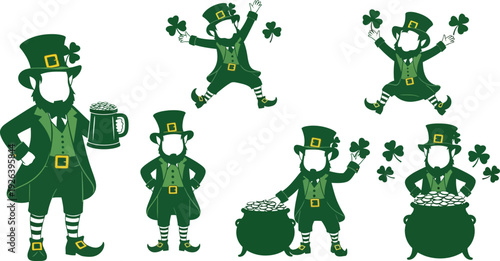 A collection of cartoon leprechauns celebrating Saint Patrick's Day with shamrocks and pots of gold.