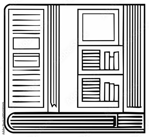 Line art illustration of an open book displaying stylized content, bookshelves, and a bookmark.