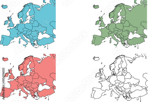 Four different colored maps of Europe are displayed.