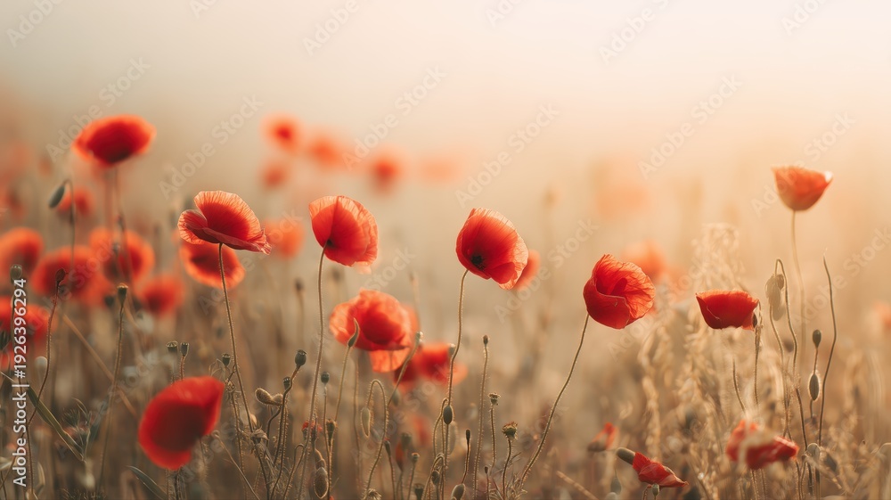 Obraz premium Vibrant red poppies glowing in golden hour light, symbolizing Remembrance Day and Liberation Day, perfect for impactful commercial and commemorative projects, featuring 25 April, Italy, Poland