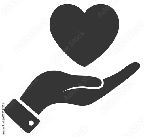 Heart symbol rests gently on an open hand representing care and compassion