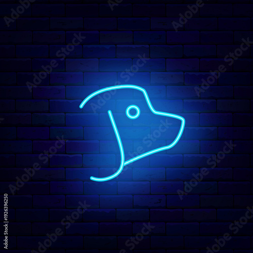 Dog head neon icon. Animal care center. Veterinary, training and grooming. Domestic animal. Light sign. Editing text. Vector stock illustration
