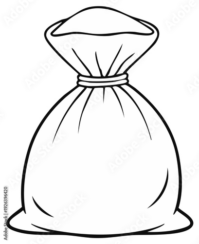 Cartoon line art illustration of a tied burlap sack filled with grain or flour