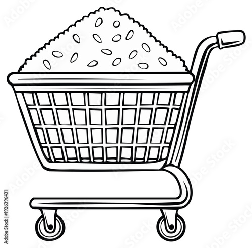 Hand-drawn black and white illustration of a full shopping cart overflowing with rice grains