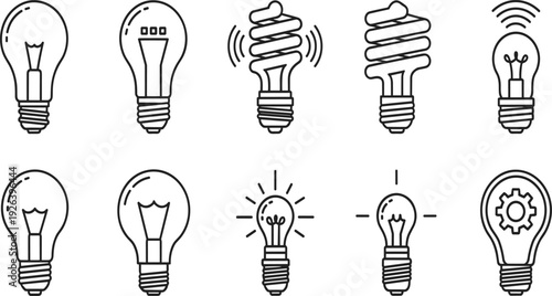 Light Bulb Line Icon Set with Idea Energy Saving Lamp and Innovation Concept Outline Vector Illustration.