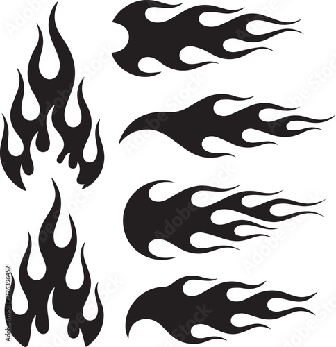Flame decal. Fire abstract black silhouette flames for race car or tattoo. Tribal flame hotrod car vinyl decals and motorcycle airbrush stencil. Burning element vector set no Background