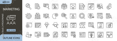 Marketing icon set representing promotion, branding, advertising, campaign strategy, target audience, digital outreach, sales growth and communication concepts in clean outline vector style.