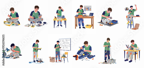 Young person enthusiastically engaged in robotics and electronics, building, programming, and experimenting with various components, fostering a passion for STEM learning and innovation.