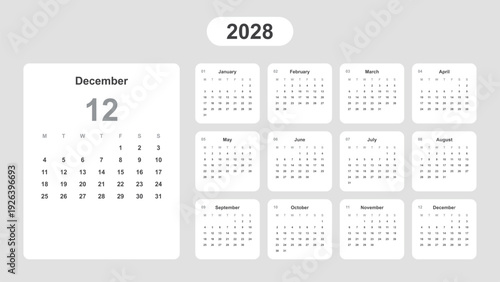 2028 calendar template with clean and modern minimal design, week starting Monday.