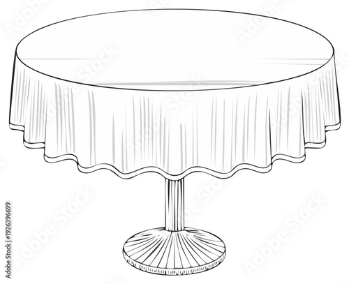 Round Table Sketch Illustration with White Tablecloth Draping Artfully around the Sides