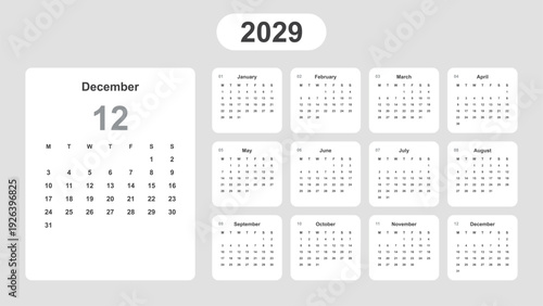 Calendar 2029 year vector illustration. Week starts on Monday, Simple planner template, Desk calendar 2029 year, wall calendar 2029 template, print media, corporate template